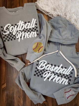 LARGE Softball Mom Puff and Rhinestone Dyed Gray Crewneck Sweatshirt