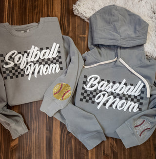 XL Baseball Mom Puff And Rhinestone Dyed Gray Fleece Hoodie