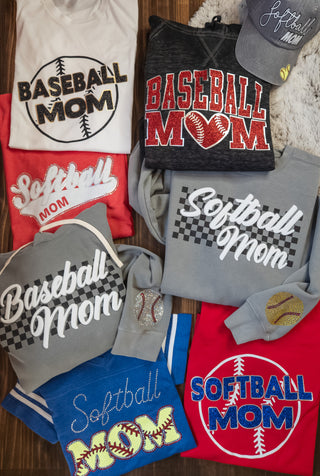 XL Baseball Mom Puff And Rhinestone Dyed Gray Fleece Hoodie