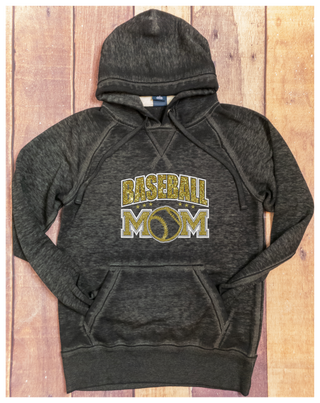 Baseball Mom Rhinestone Black Fleece Hoodie - Gold/White