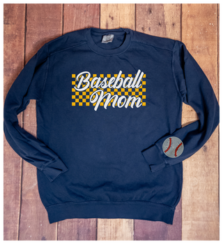 Baseball Mom Puff and Rhinestone Dyed Navy Crewneck Sweatshirt