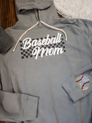 XL Baseball Mom Puff And Rhinestone Dyed Gray Fleece Hoodie