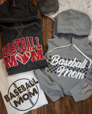 XL Baseball Mom Puff And Rhinestone Dyed Gray Fleece Hoodie