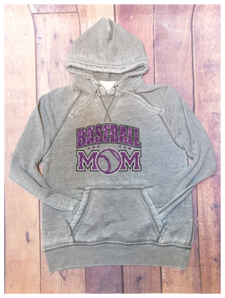 Baseball Mom Rhinestone Gray Fleece Hoodie - Purple/Black
