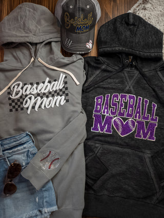 XL Baseball Mom Puff And Rhinestone Dyed Gray Fleece Hoodie