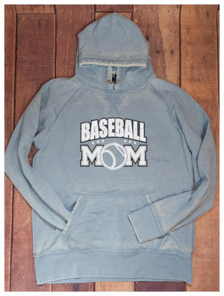 Baseball Mom Rhinestone Sky Blue Fleece Hoodie - White/Black
