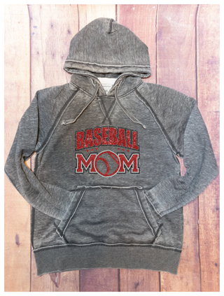 Baseball Mom Rhinestone Dark Gray Fleece Hoodie - Red/Black