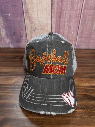 Baseball Mom Trucker Hat With Heart - Red Sparkle & Gold Sparkle