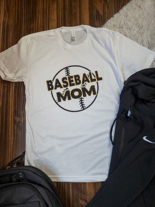 Baseball Mom White Tee - Black Sparkle & Gold Metallic