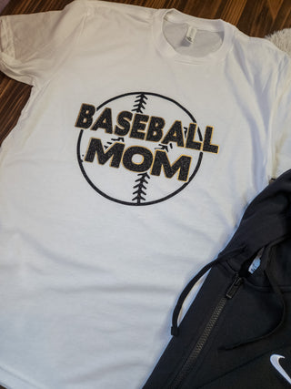 Baseball Mom White Tee - Black Sparkle & Gold Metallic