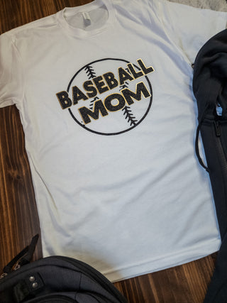 Baseball Mom White Tee - Black Sparkle & Gold Metallic