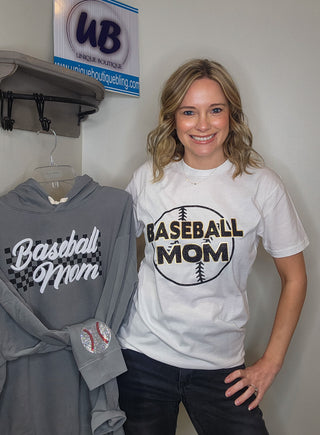 Baseball Mom White Tee - Black Sparkle & Gold Metallic