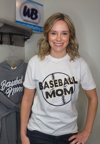 Baseball Mom White Tee - Black Sparkle & Gold Metallic