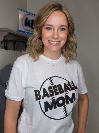 Baseball Mom White Tee - Black Sparkle & Gold Metallic