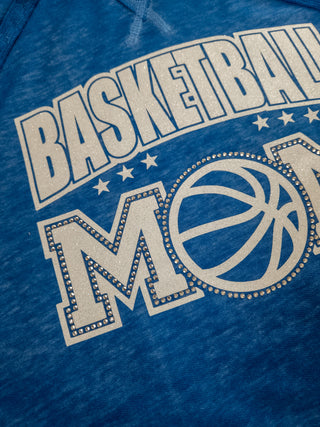 Basketball Mom Rhinestone Blue Fleece Hoodie - White Sparkle