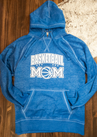 Basketball Mom Rhinestone Blue Fleece Hoodie - White Sparkle