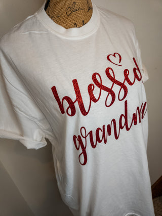 Blessed Grandma Sparkle Red Dyed White Tee
