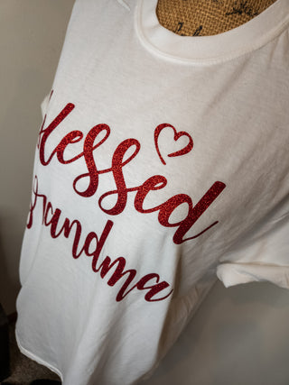 Blessed Grandma Sparkle Red Dyed White Tee