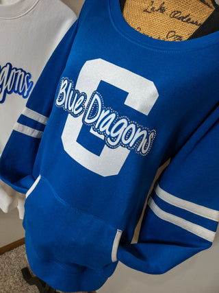 Blue Dragons G Rhinestone Blue Varsity Crewneck - Ladies Fit