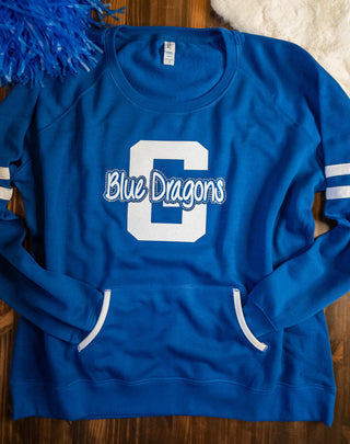 Blue Dragons G Rhinestone Blue Varsity Crewneck - Ladies Fit