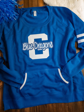 Blue Dragons G Rhinestone Blue Varsity Crewneck - Ladies Fit