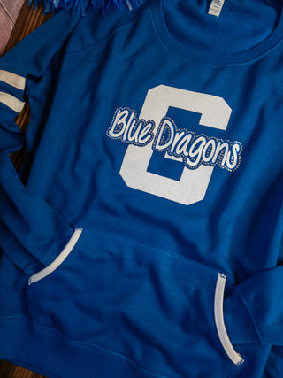 Blue Dragons G Rhinestone Blue Varsity Crewneck - Ladies Fit