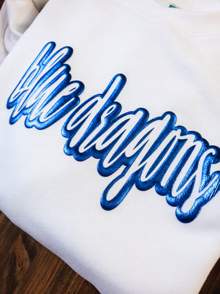 Blue Dragons Blue Metallic Puff White Plush Crewneck Sweatshirt