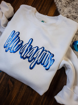 Blue Dragons Blue Metallic Puff White Plush Crewneck Sweatshirt