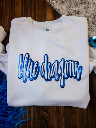 Blue Dragons Blue Metallic Puff White Plush Crewneck Sweatshirt