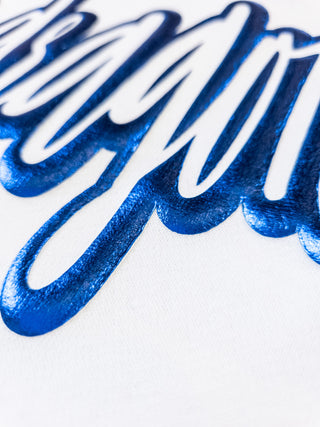 Blue Dragons Blue Metallic Puff White Plush Crewneck Sweatshirt