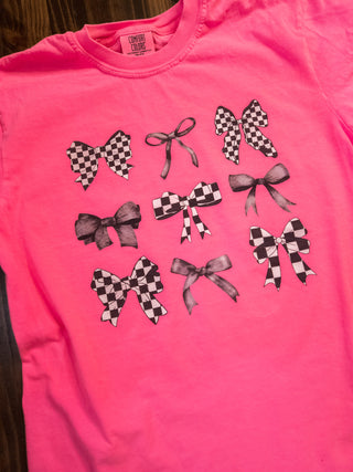 Checkered Bows Neon Pink Dyed Tee