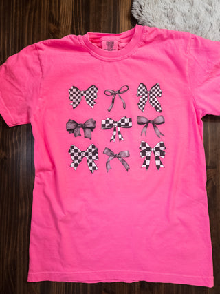 Checkered Bows Neon Pink Dyed Tee