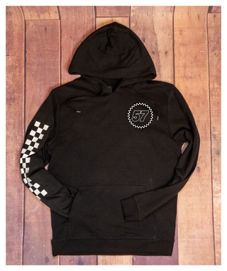 Personalized Race Number With Checkered Sleeve Black Hooded Sweatshirt