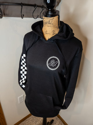 Personalized Race Number With Checkered Sleeve Black Hooded Sweatshirt