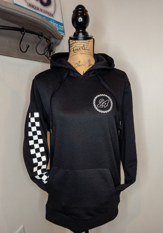 Personalized Race Number With Checkered Sleeve Black Hooded Sweatshirt