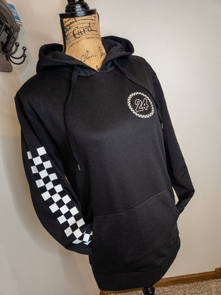 Personalized Race Number With Checkered Sleeve Black Hooded Sweatshirt