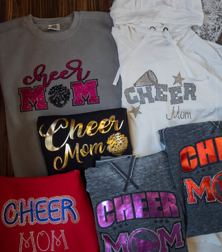 Cheer Mom Rhinestone Fleece Hoodie - Red Metallic