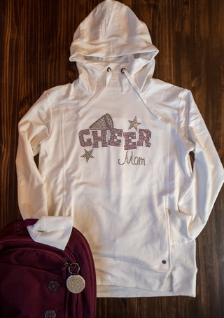 Cheer Mom Rhinestone Fashion Fleece Ivory Hoodie - Maroon & Gold