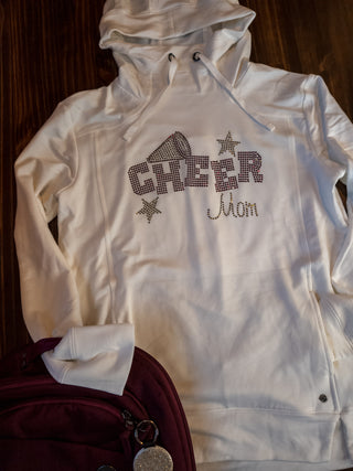 Cheer Mom Rhinestone Fashion Fleece Ivory Hoodie - Maroon & Gold