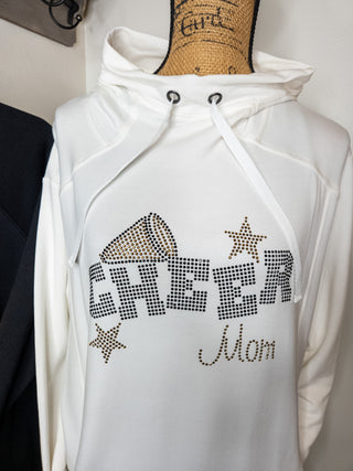 Cheer Mom Rhinestone Fashion Fleece Ivory Hoodie - Black & Gold