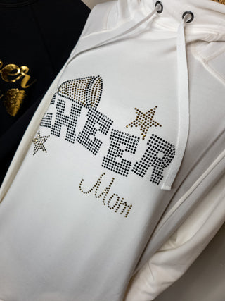 Cheer Mom Rhinestone Fashion Fleece Ivory Hoodie - Black & Gold