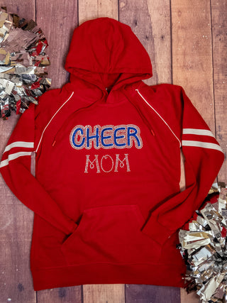 Cheer Mom Rhinestone Red Varsity Hooded Sweatshirt - LADIES SMALL