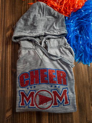 Cheer Mom Rhinestone Fleece Hoodie - Blue/Red