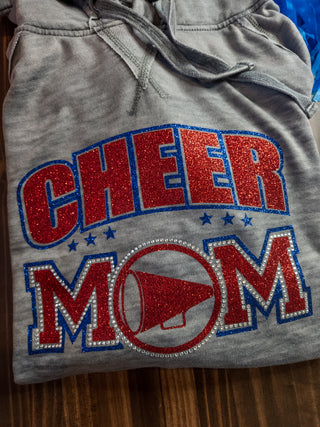 Cheer Mom Rhinestone Fleece Hoodie - Blue/Red
