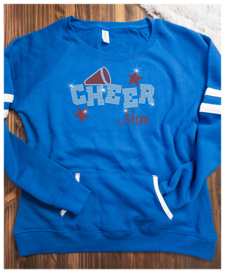 Cheer Mom Rhinestone Blue Varsity Crewneck - Ladies Fit