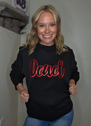 Deuel Red Metallic Puff Black Plush Crewneck Sweatshirt