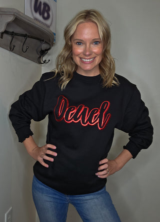 Deuel Red Metallic Puff Black Plush Crewneck Sweatshirt
