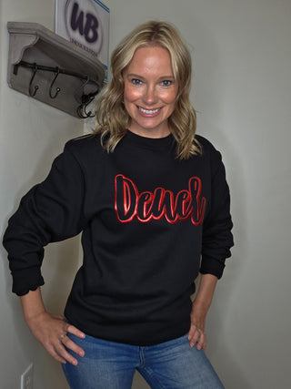 Deuel Red Metallic Puff Black Plush Crewneck Sweatshirt