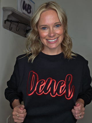 Deuel Red Metallic Puff Black Plush Crewneck Sweatshirt