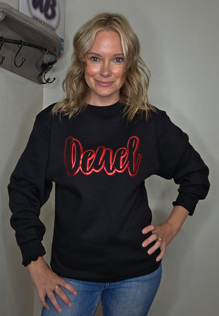 Deuel Red Metallic Puff Black Plush Crewneck Sweatshirt